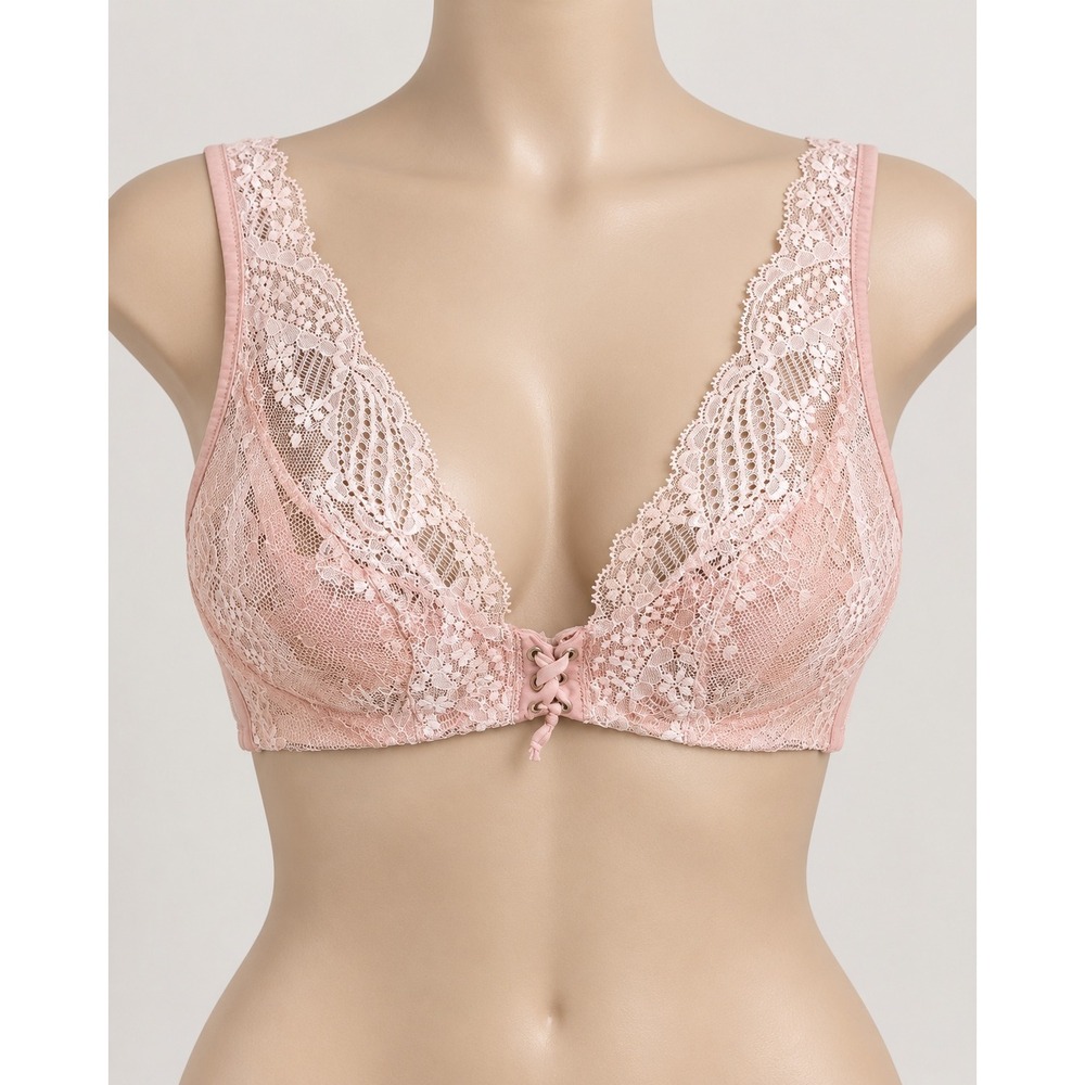Victorias Secret Pink Lace Plunge Bra 34C Lace Up Corset Detail Unlined Floral